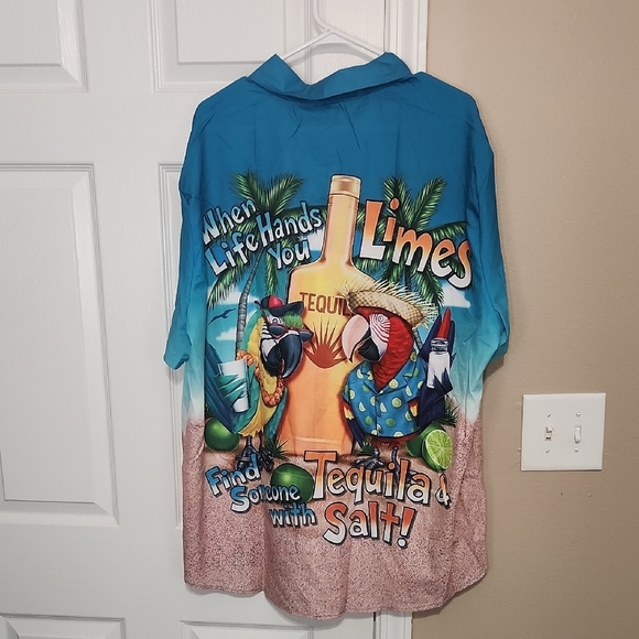 Blue and Green Button Down Shirt with Graphic Design - Picture 3 of 3